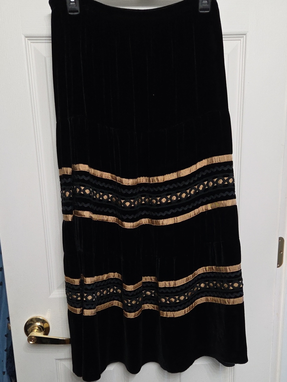 Black Velvet Maxi Skirt with Gold Embroidered Bands
